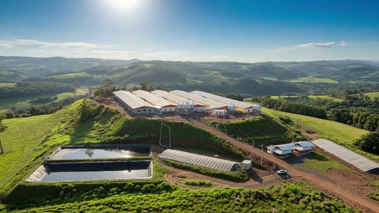 Vista aérea tratada de aviários, lagoas e estruturas ambientais integradas