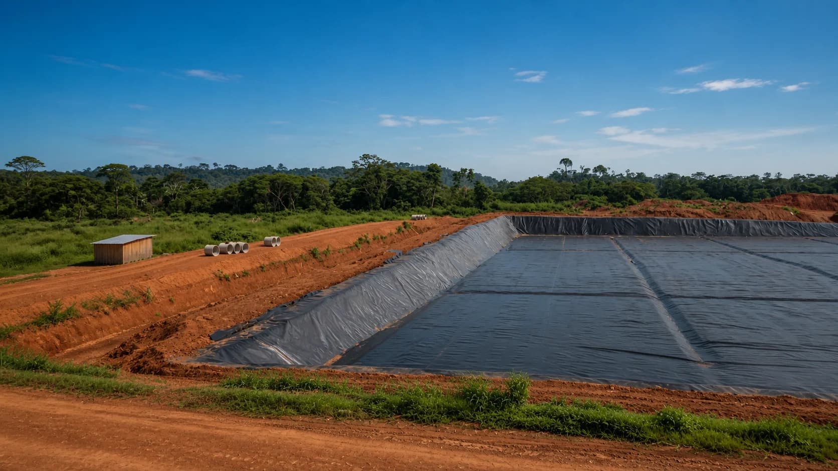 Lagoa de grande porte impermeabilizada com geomembrana PEAD em área rural