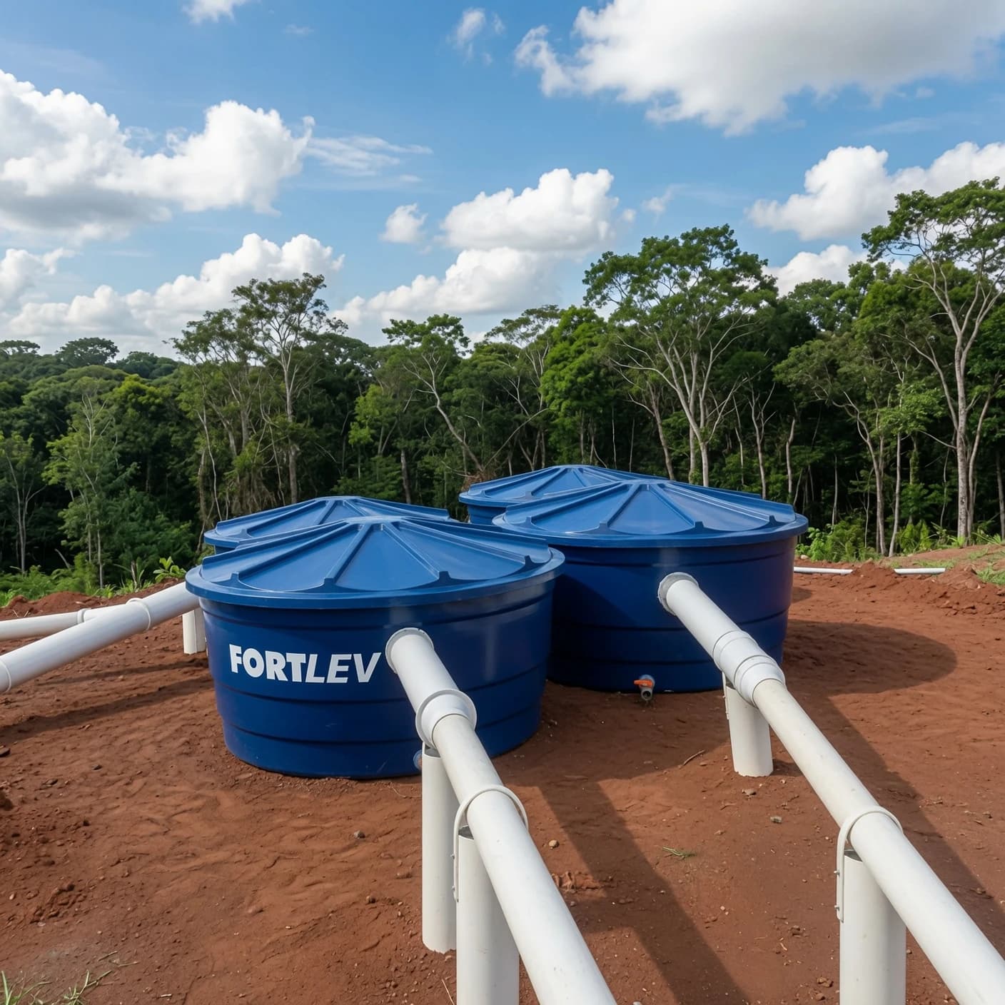 Camadas de impermeabilização e drenagem em célula de aterro sanitário em construção