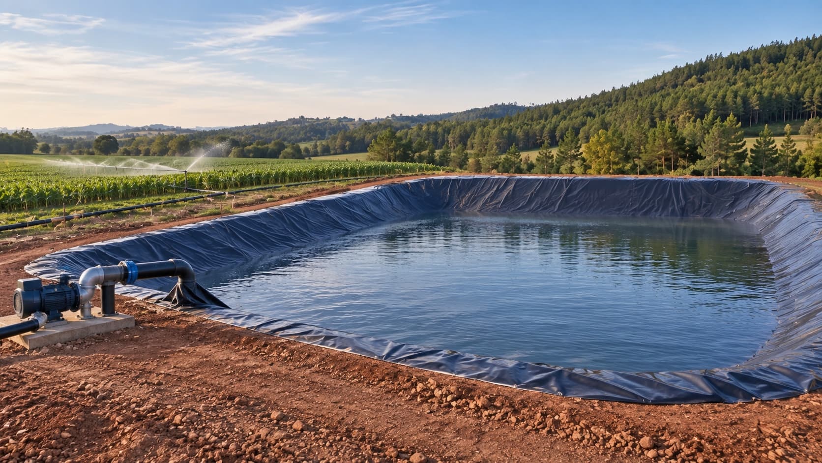 Farm irrigation reservoir lined with geomembrane and connected to a pump and irrigation pipe