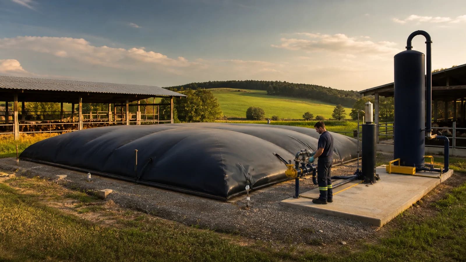 Biodigestor rural coberto com tubulação de biogás e técnico em medição