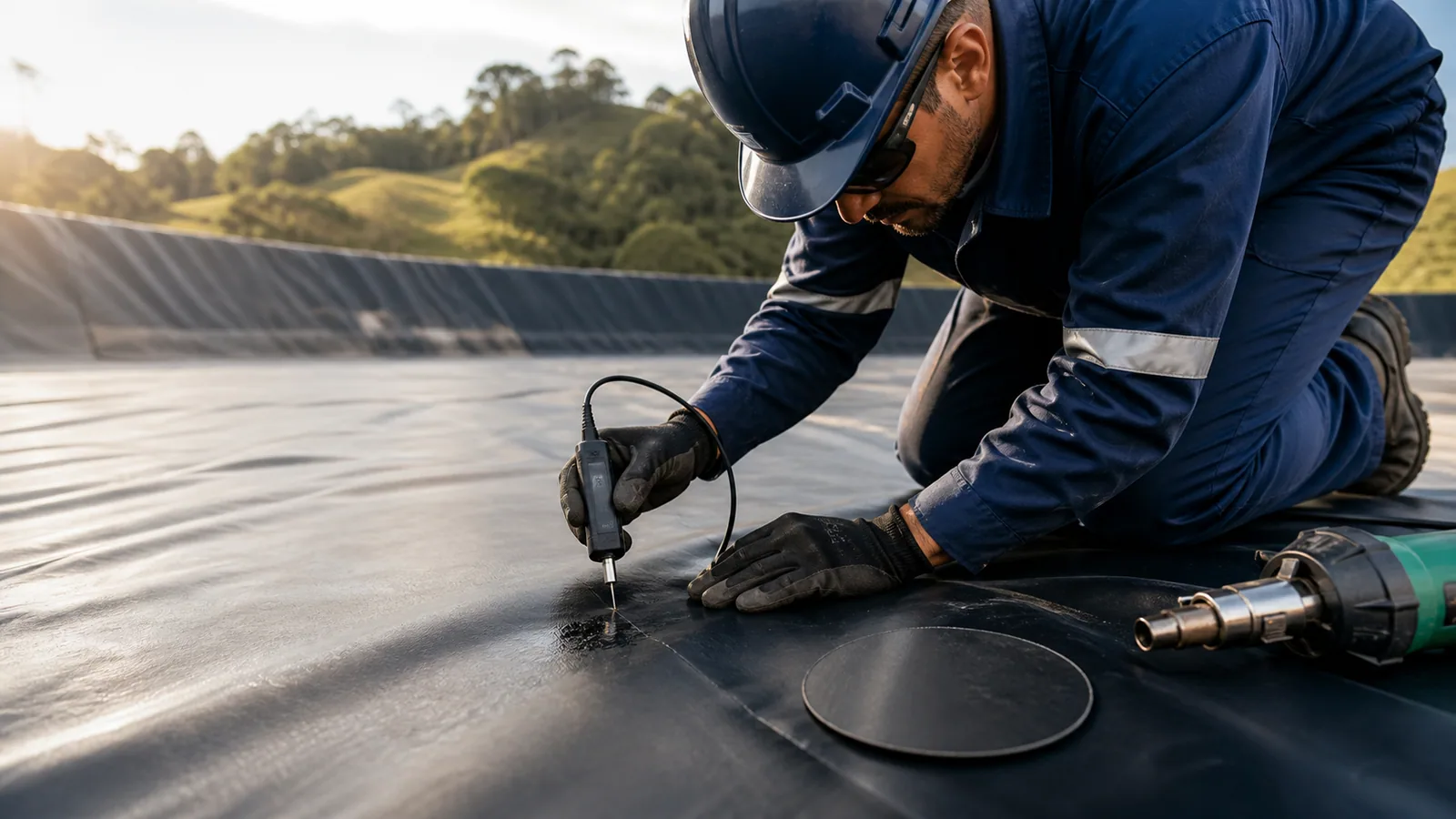 Técnico localizando um defeito e preparando reparo em geomembrana