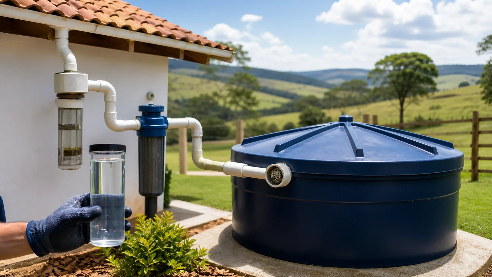 Sistema de calha, descarte inicial, filtro e cisterna rural fechada