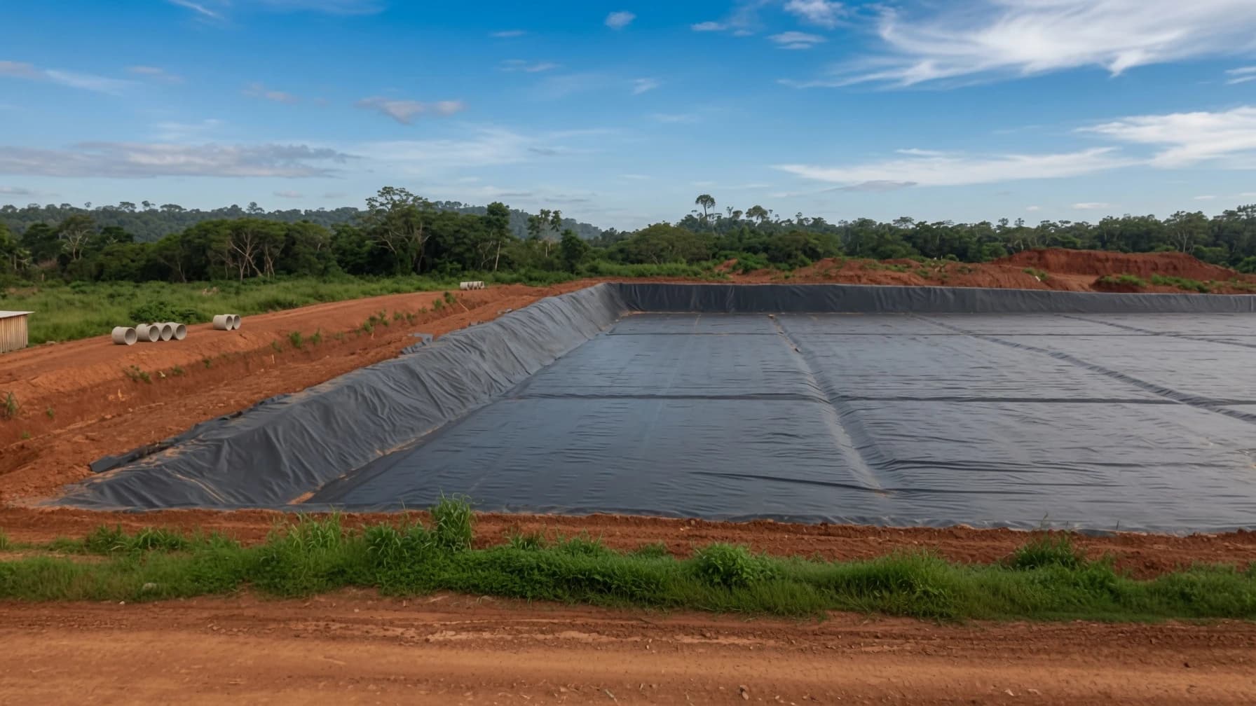 Lagoa impermeabilizada com geomembrana em uma propriedade rural