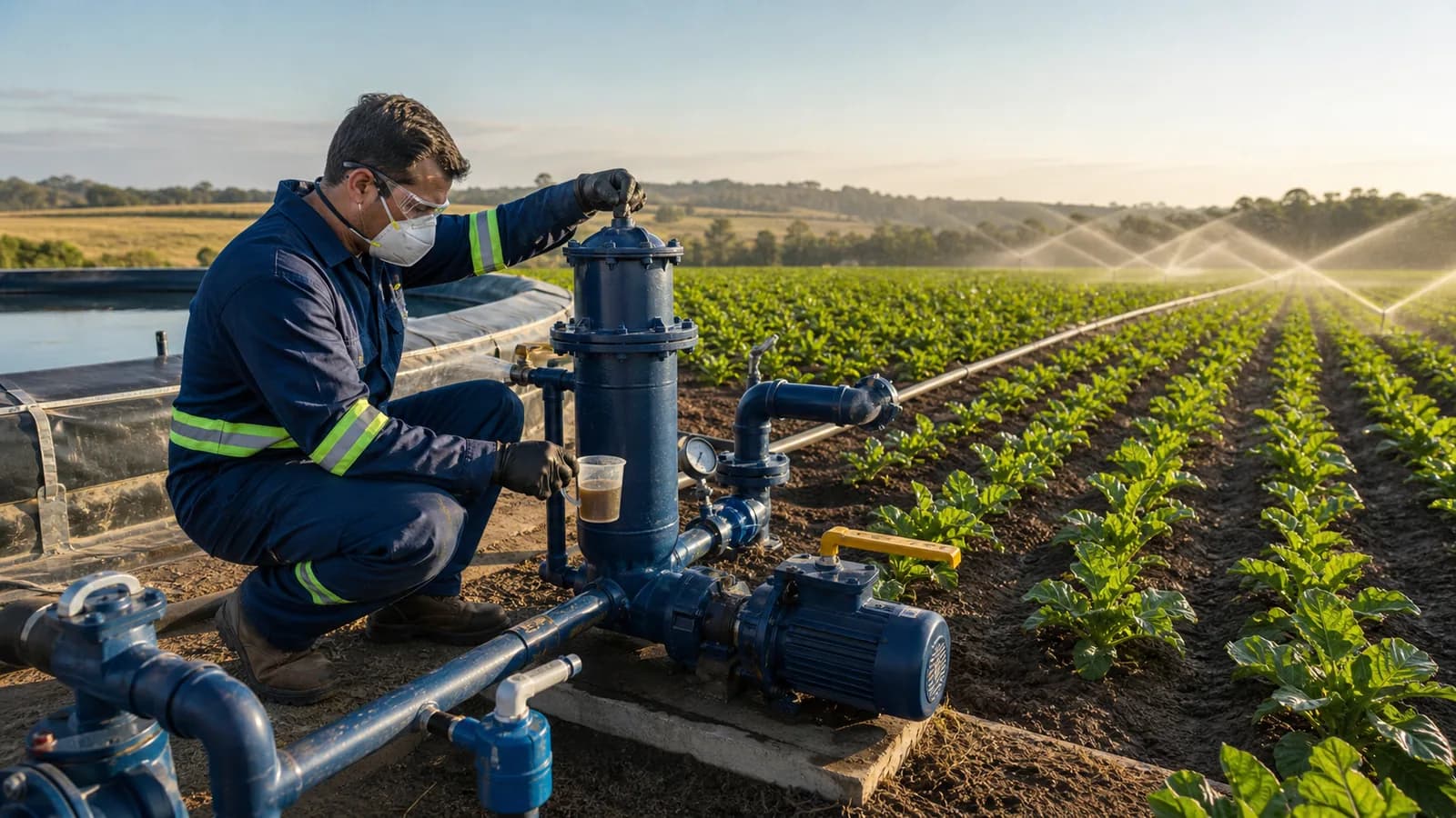 Técnico inspecionando filtro e bomba de fertirrigação em área agrícola