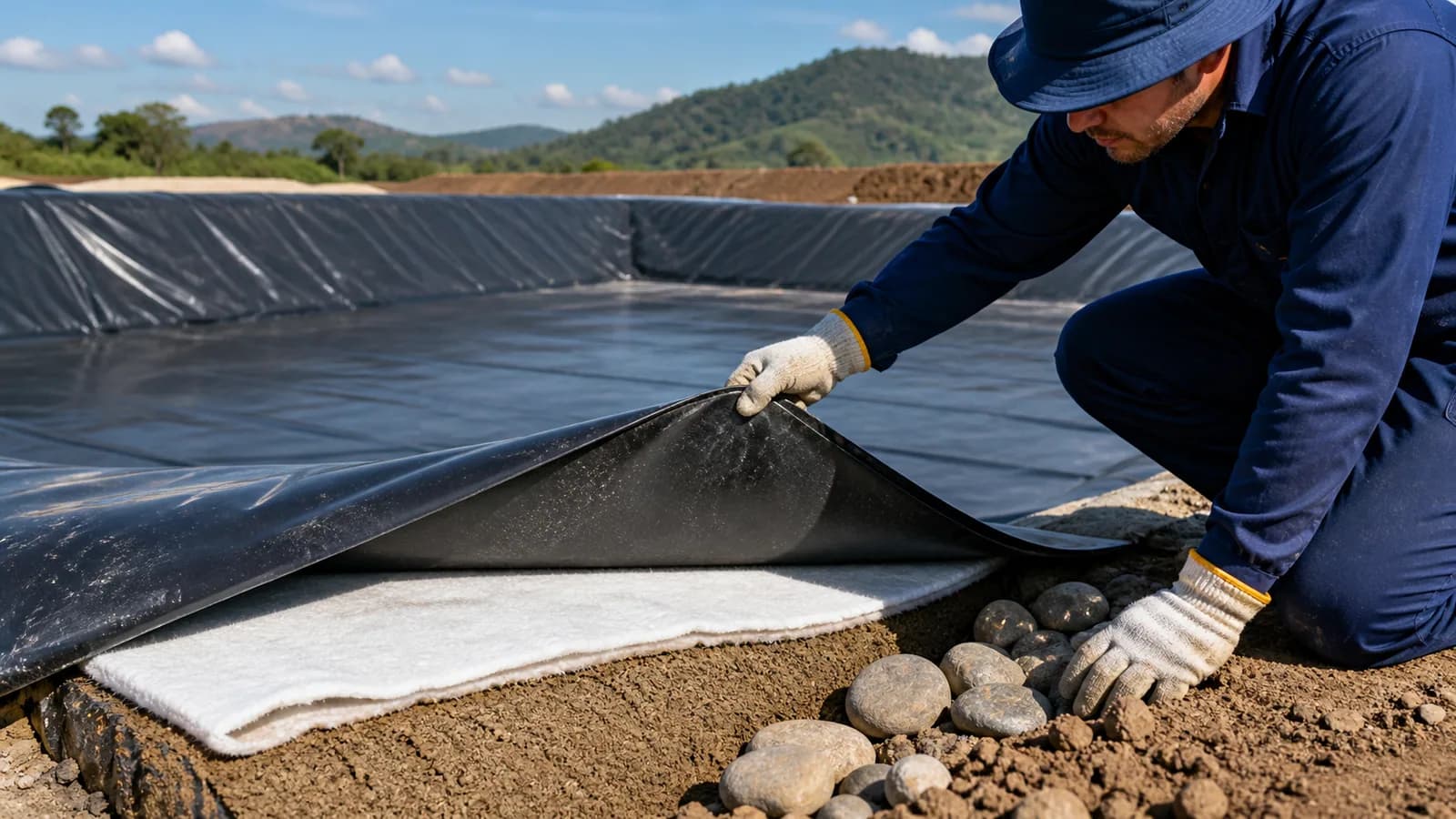 Camadas de solo, geotêxtil branco e geomembrana preta em instalação de lagoa