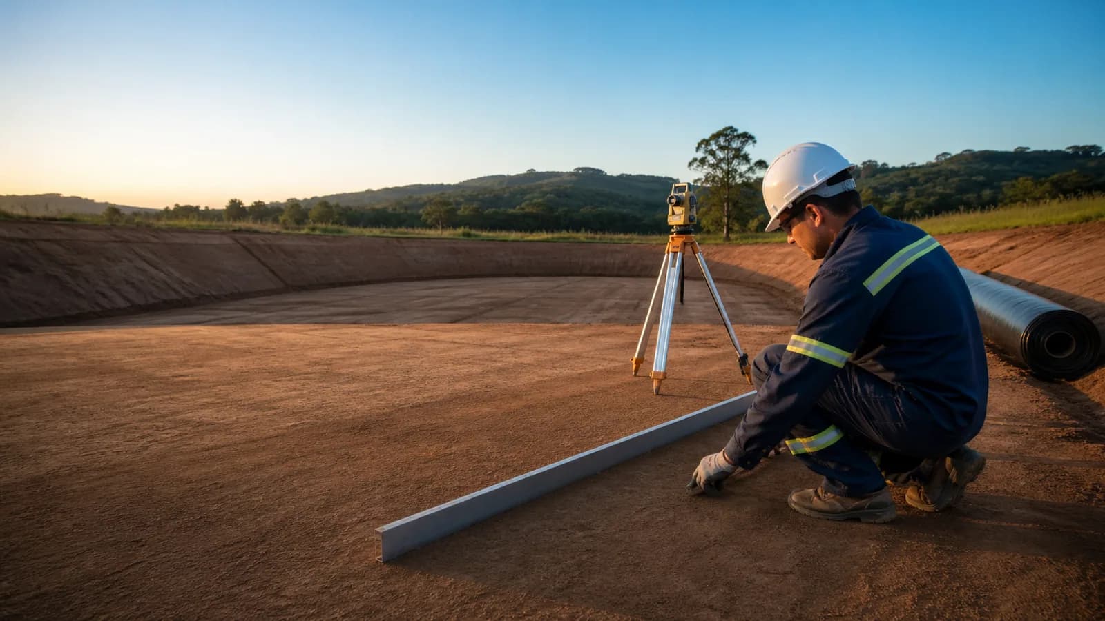 Técnico verificando a regularidade do terreno preparado para geomembrana