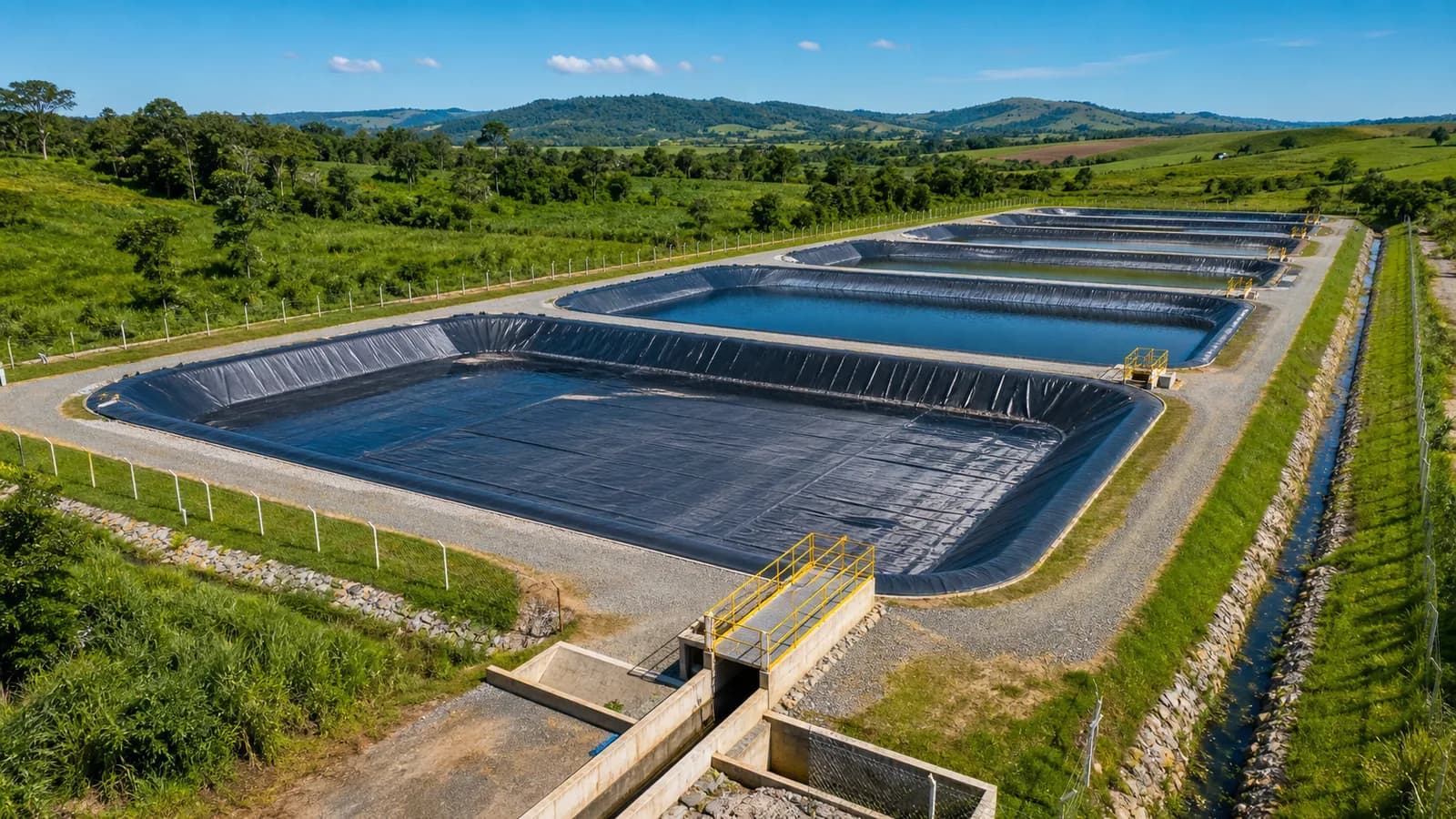 Sistema de lagoas de tratamento impermeabilizadas com células e drenagem periférica